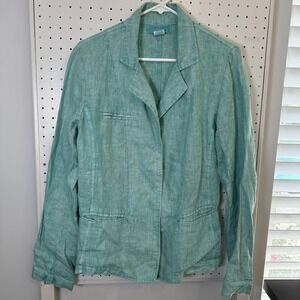 Theodore Beverly Hills Blazer Jacket Womens Medium Teal Green Snap Front Linen